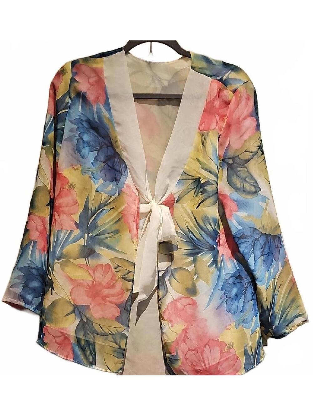 Maggie Sweet Aloha Floral Sheer Kimono with Tie Front Size S